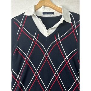 Y2K Tommy Hilfiger Womens Navy Argyle Sweater Shirt Combo V-Neck Long Sleeve
